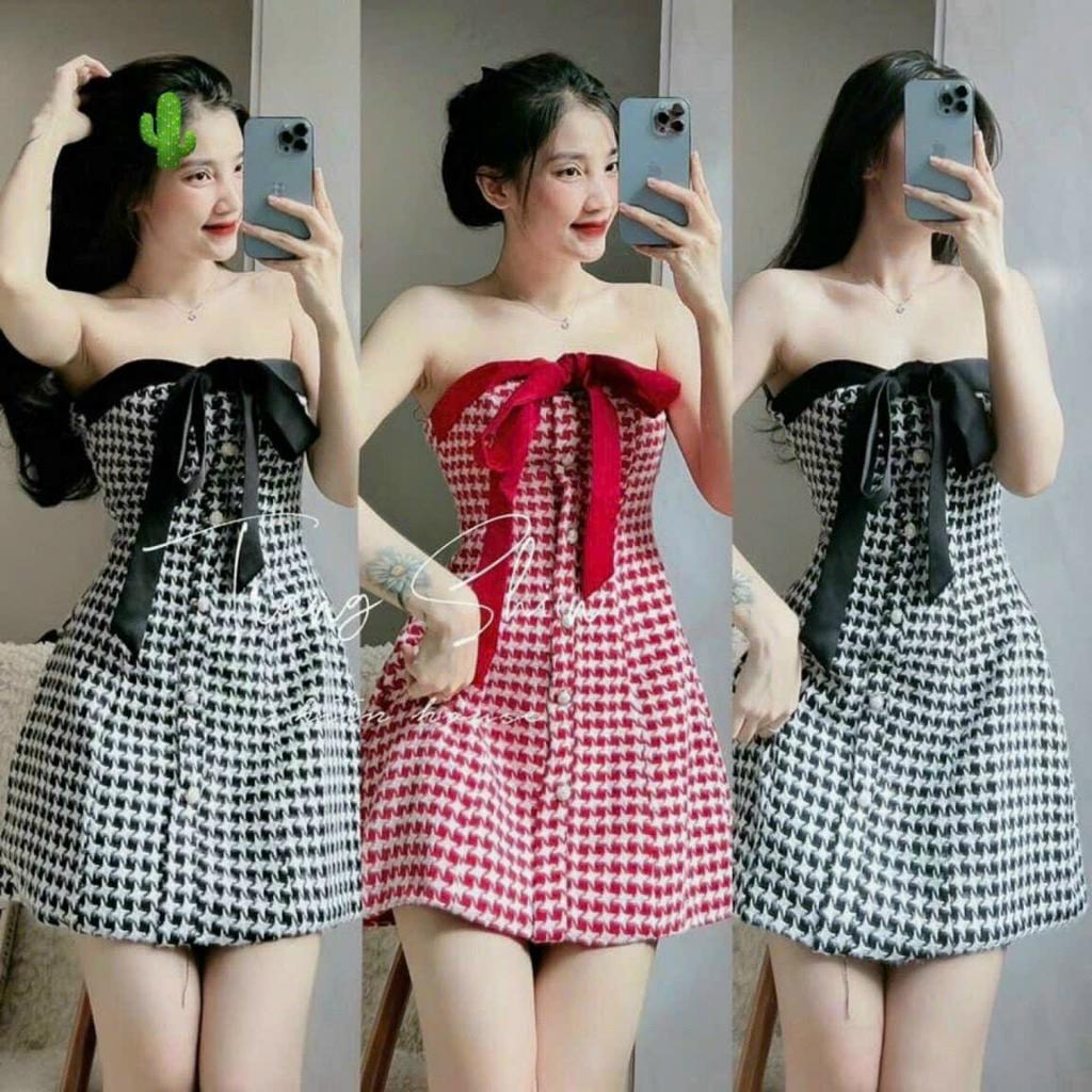Đầm bố caro xoè cúp ngực cài nút phối dây cột nơ