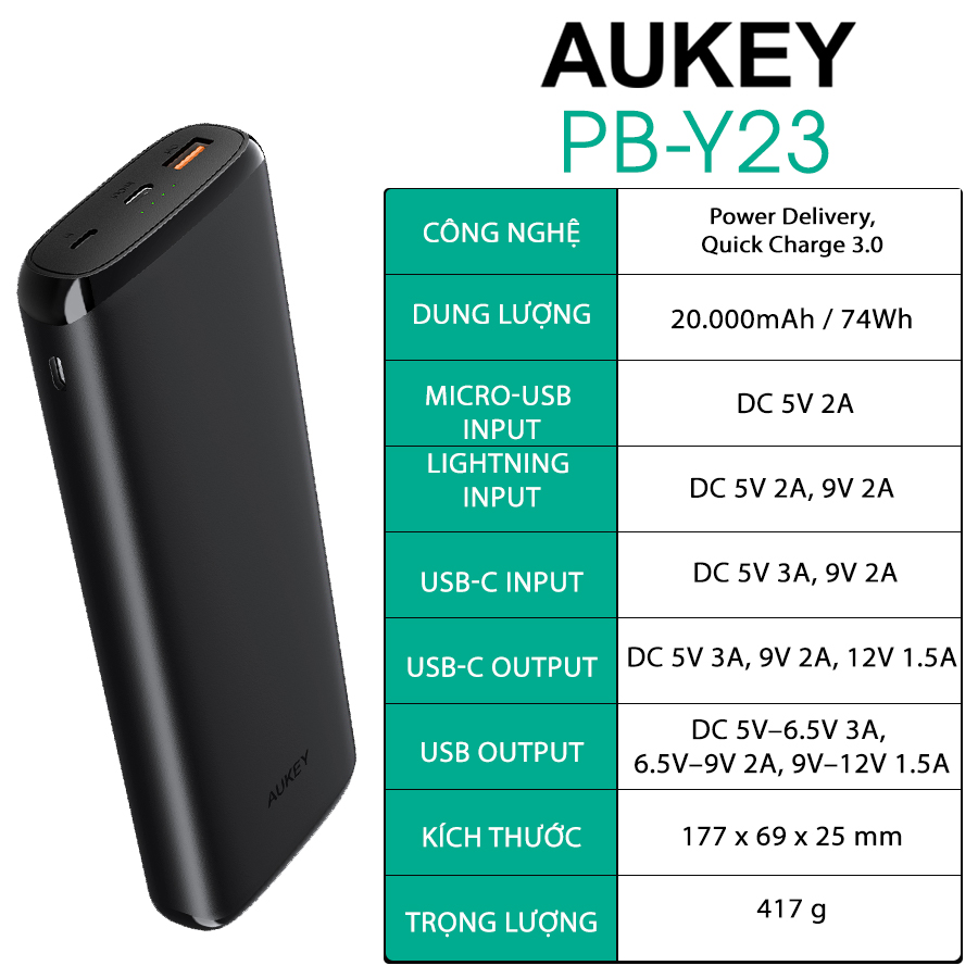 Pin Sạc Dự Phòng 20000mAh AUKEY PB-Y23 1 Cổng Sạc Nhanh QC 3.0, 1 Cổng Type C Power Delivery 18W, Hỗ Trợ Sạc Vào Bằng Cổng Lighting - Hàng Chính Hãng