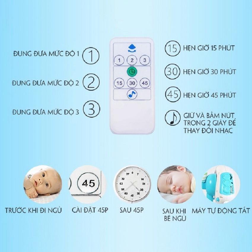 Nôi điện đưa tự động, phát nhạc, điều khiển từ xa, kết nối bluetooth, kèm đệm lót, gối, thú bông