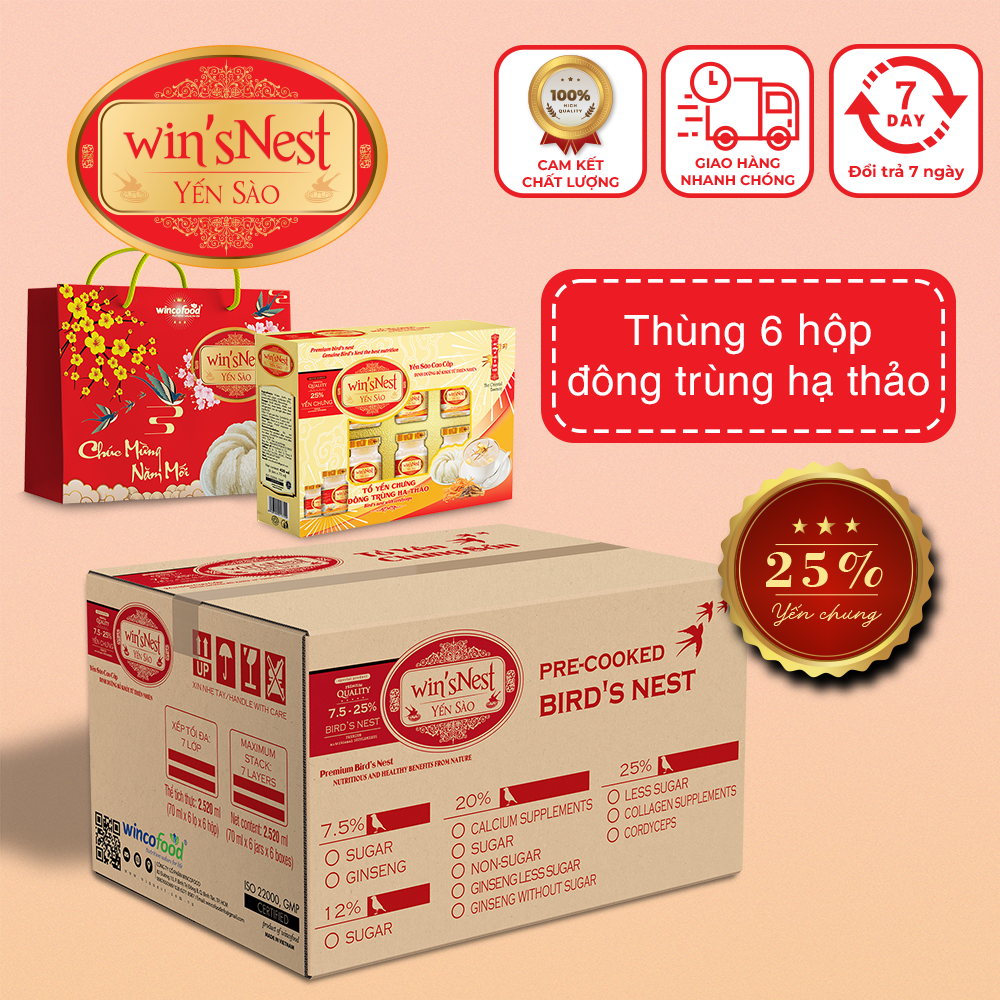 (Thùng 6 hộp) Yến Sào wins'Nest 25% tổ yến chưng đông trùng hạ thảo (6 Lọ x 70 ml / Hộp)