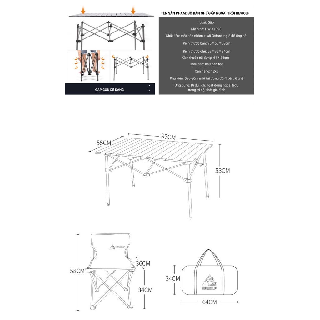 Bộ bàn ghế tự lưng xếp gấp gọn cắm trại dã ngoại trong nhà ngoài trời chính hãng Hewolf (6 ghế 1 bàn)