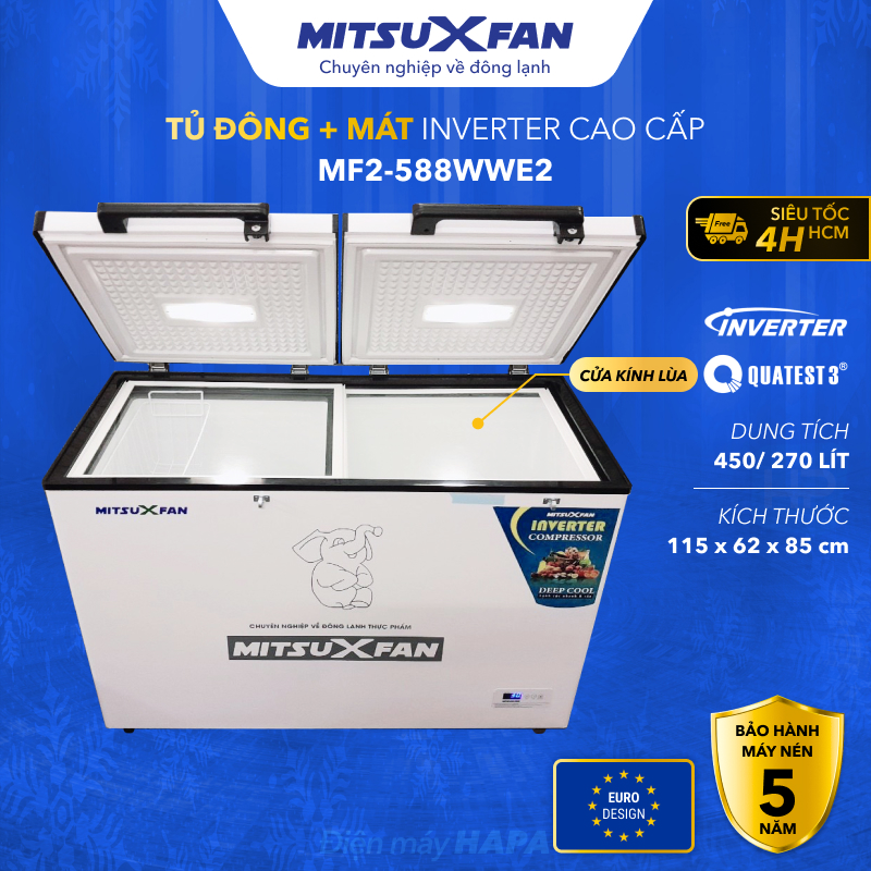 Tủ Đông+Mát MITSUXFAN MITSUXFAN MF2-588WWE2 Inverter 450 Lít, 02 Ngăn Cao Cấp, Tiêu Chuẩn Châu Âu - Hàng Chính Hãng