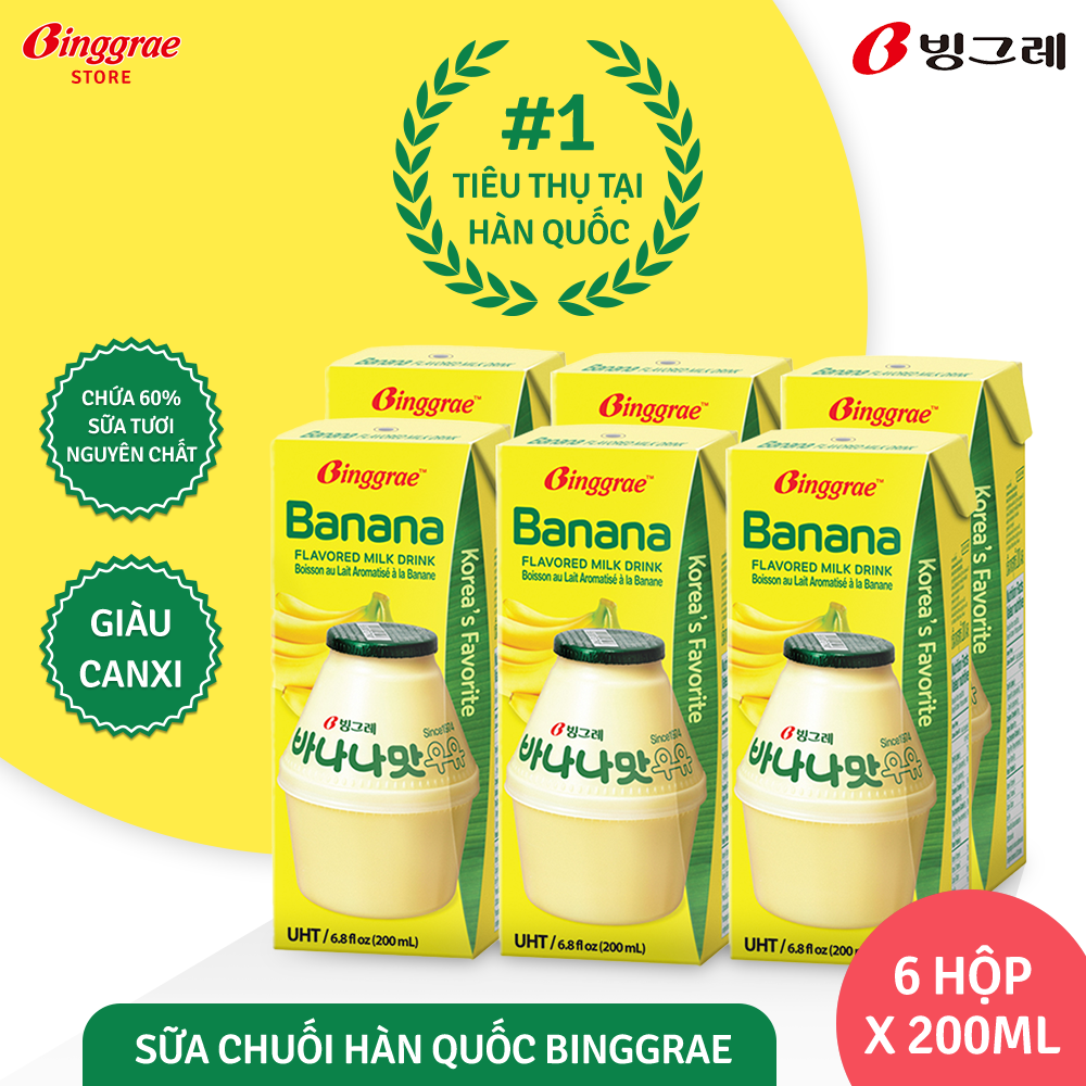 Lốc Sữa Chuối Hàn Quốc Binggrae Banana Milk (200ml x 6 hộp)