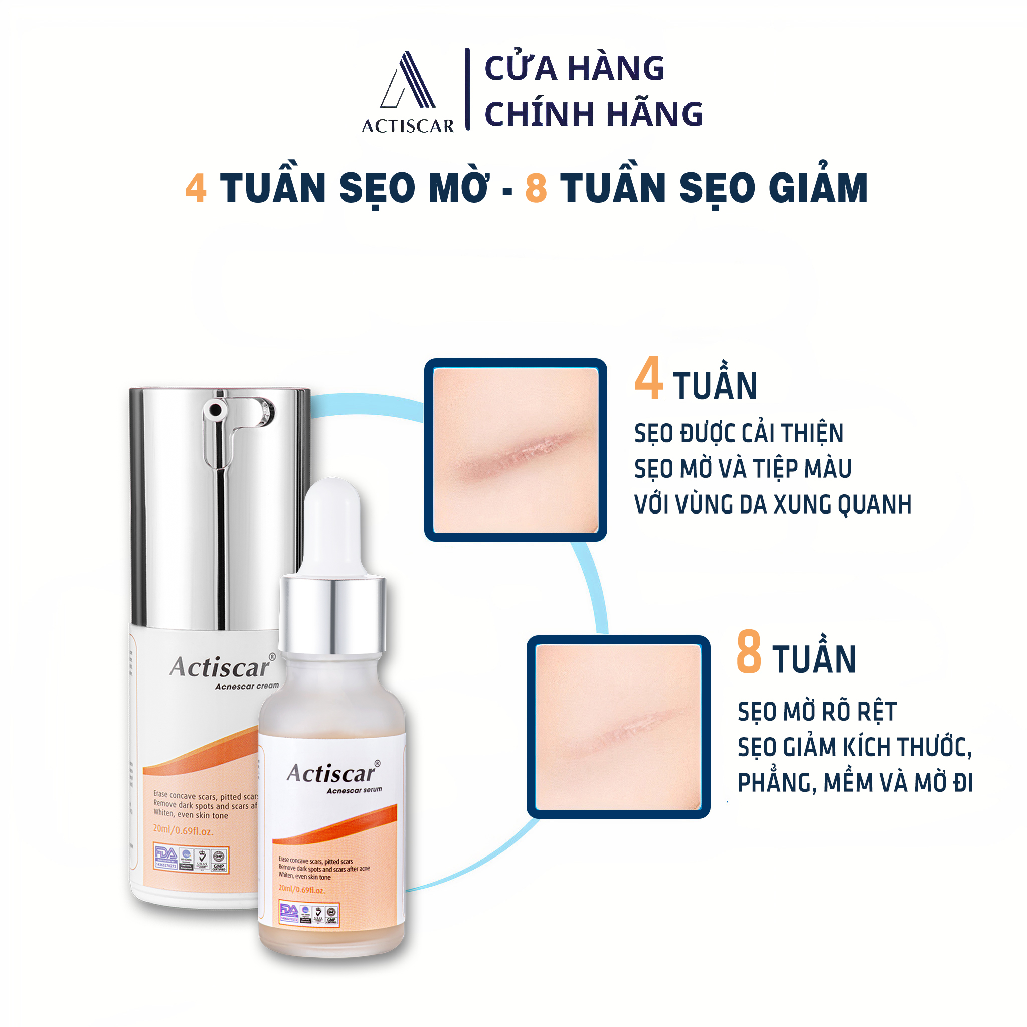 [Combo 2 Màu Cam] Kem Sẹo và Serum Actiscar Hỗ Trợ Xóa Sẹo Lõm, Sẹo Rỗ, Sẹo Thâm