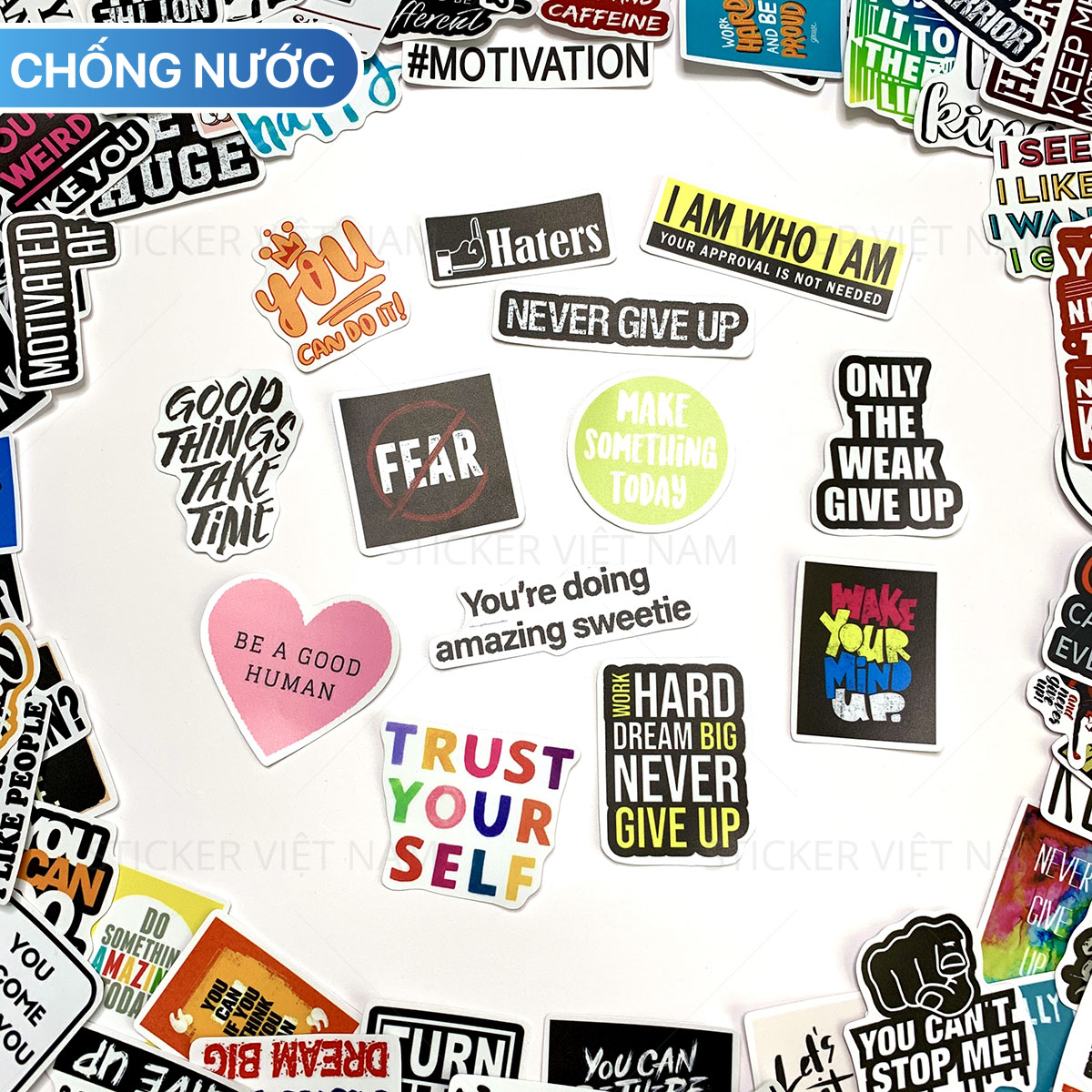 Sticker Tạo Động Lực Motivated Ngẫu Nhiên - Chất Liệu PVC Chất Lượng Cao Chống Nước - Kích Thước 4-8cm