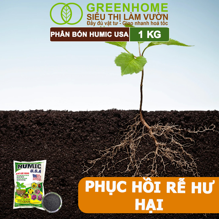 Phân Bón Humic USA Greenhome, Bình Điền, Gói 1Kg, Hữu Cơ Sinh Học, Siêu Ra Rễ, Tạo Rễ Mới