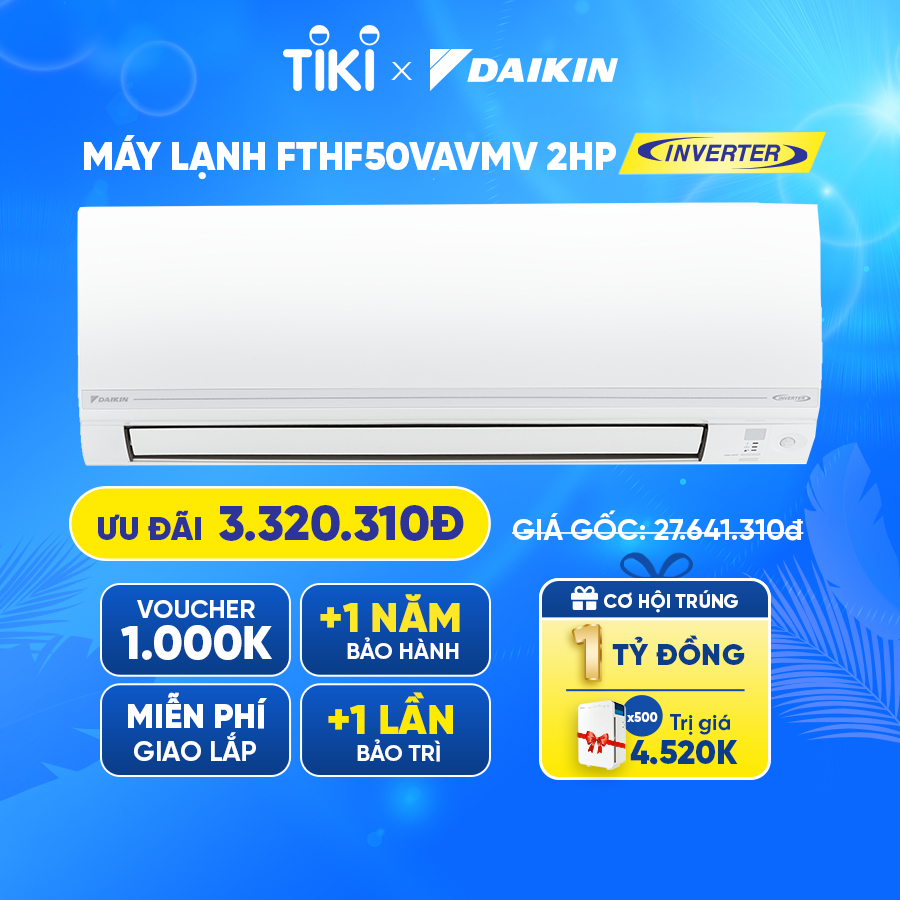 [Model mới 2023] - Máy Lạnh Daikin Inverter 2 chiều FTHF50VVMV - 2HP (18000BTU) Tiết kiệm điện - Luồng gió Coanda - Tinh lọc không khí - Độ bền cao - Bảo vệ bo mạch - Chống ăn mòn - Làm lạnh nhanh - Hàng chính hãng