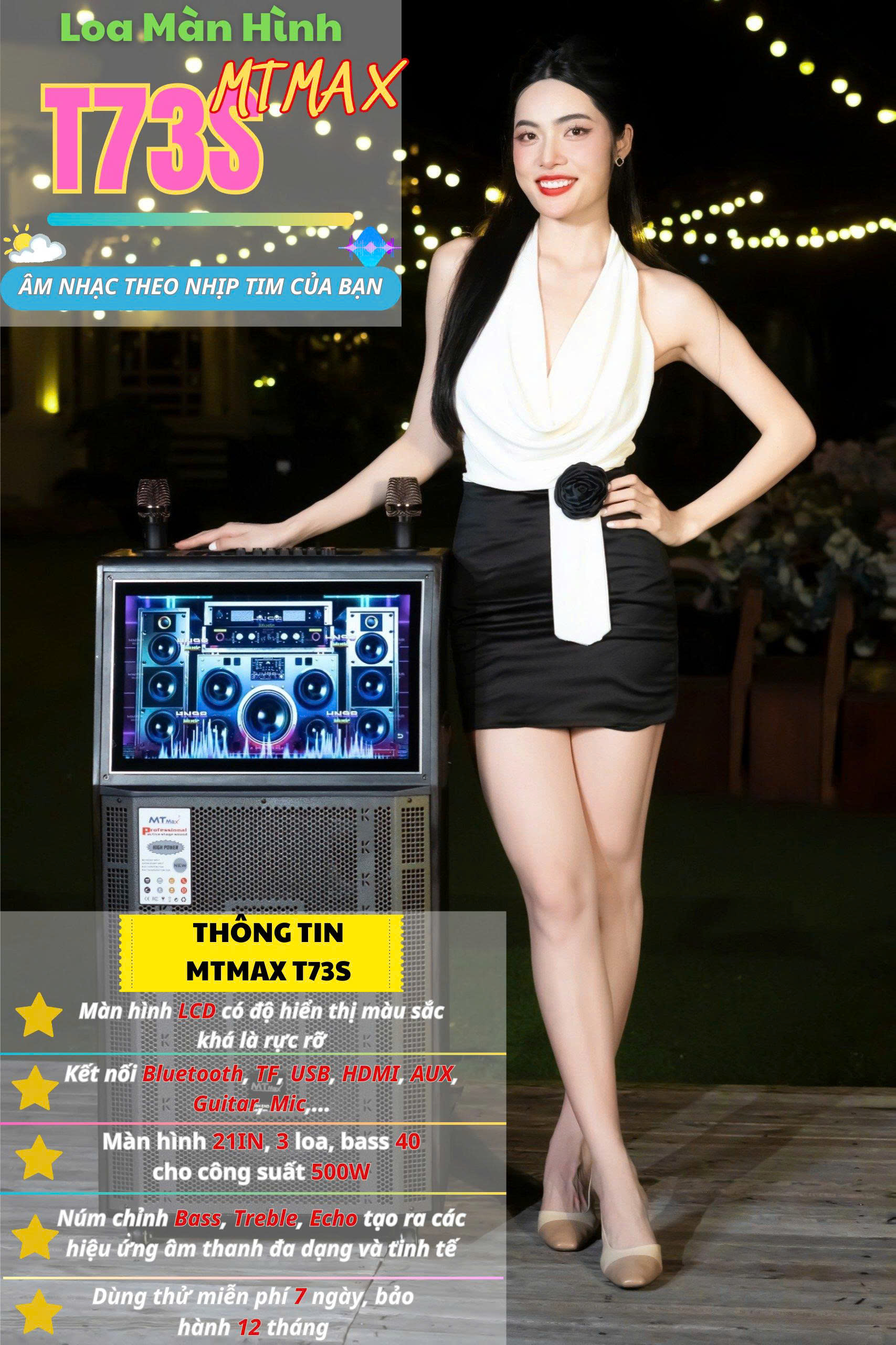 Loa Màn Hình MTMAX T73S Bass40 Màn Hình 21inch Công suất 500W Đi Kèm Cặp Micro Sang Trọng Chống Hú Cao Cấp hàng chính hãng