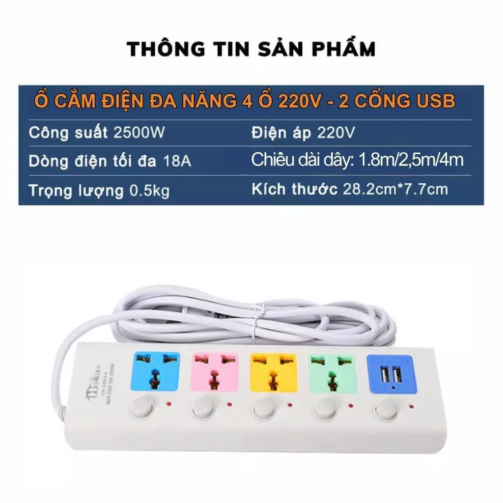 Ổ Cắm Điện 4 Ổ Cắm Kèm 2 Cổng USB Công Tắc, Đèn Báo Riêng Chịu Tải 2500W, Chống Giật, Chống Cháy - Hàng chính hãng