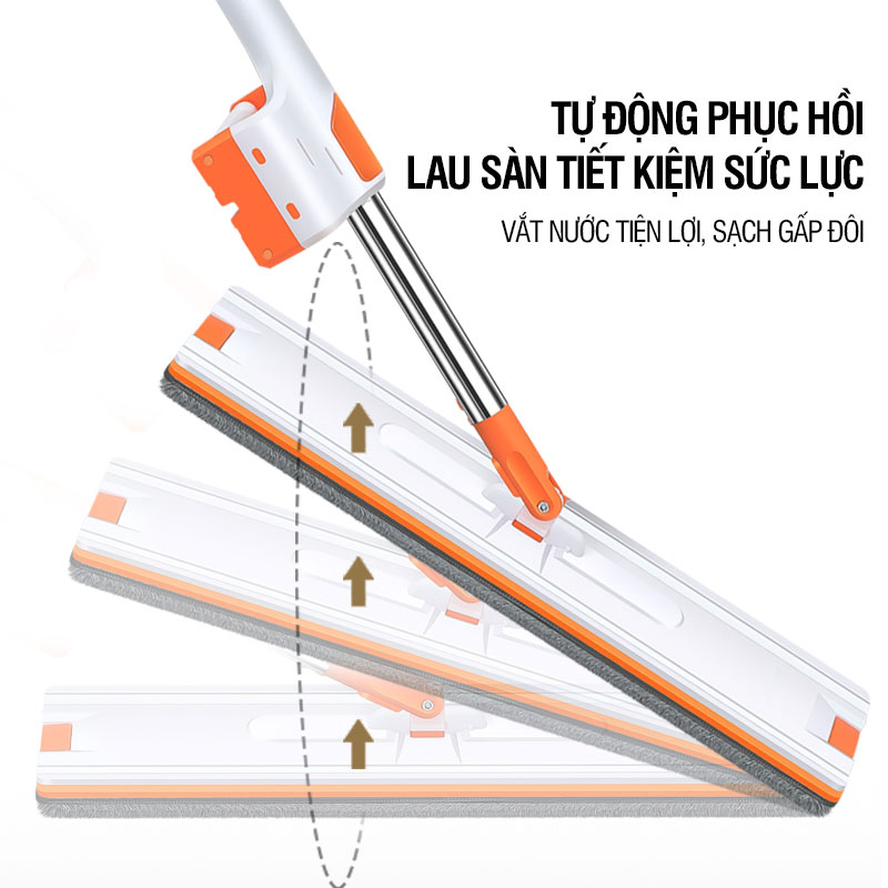 Cây lau nhà tự vắt Kitimop-White bàn lau lớn 42cm, con lăn trợ lực, thanh thép không gỉ, khớp xoay 360 độ, 2 bông lau