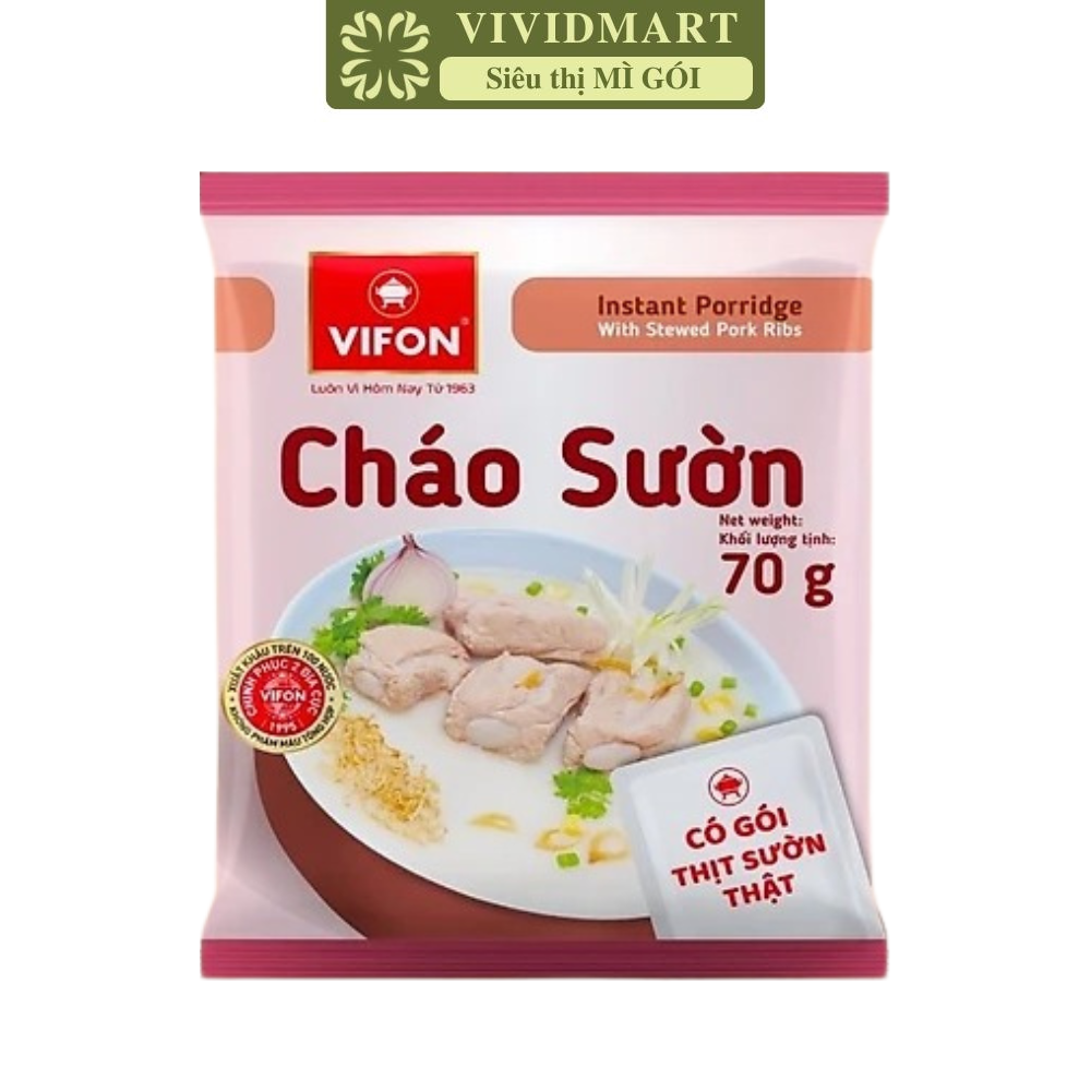 VIFON - Cháo Vifon 70g hương vị Sườn (có gói thịt sườn thật), Cháo sườn Vifon Cháo thịt sườn Vifon (70g/gói)