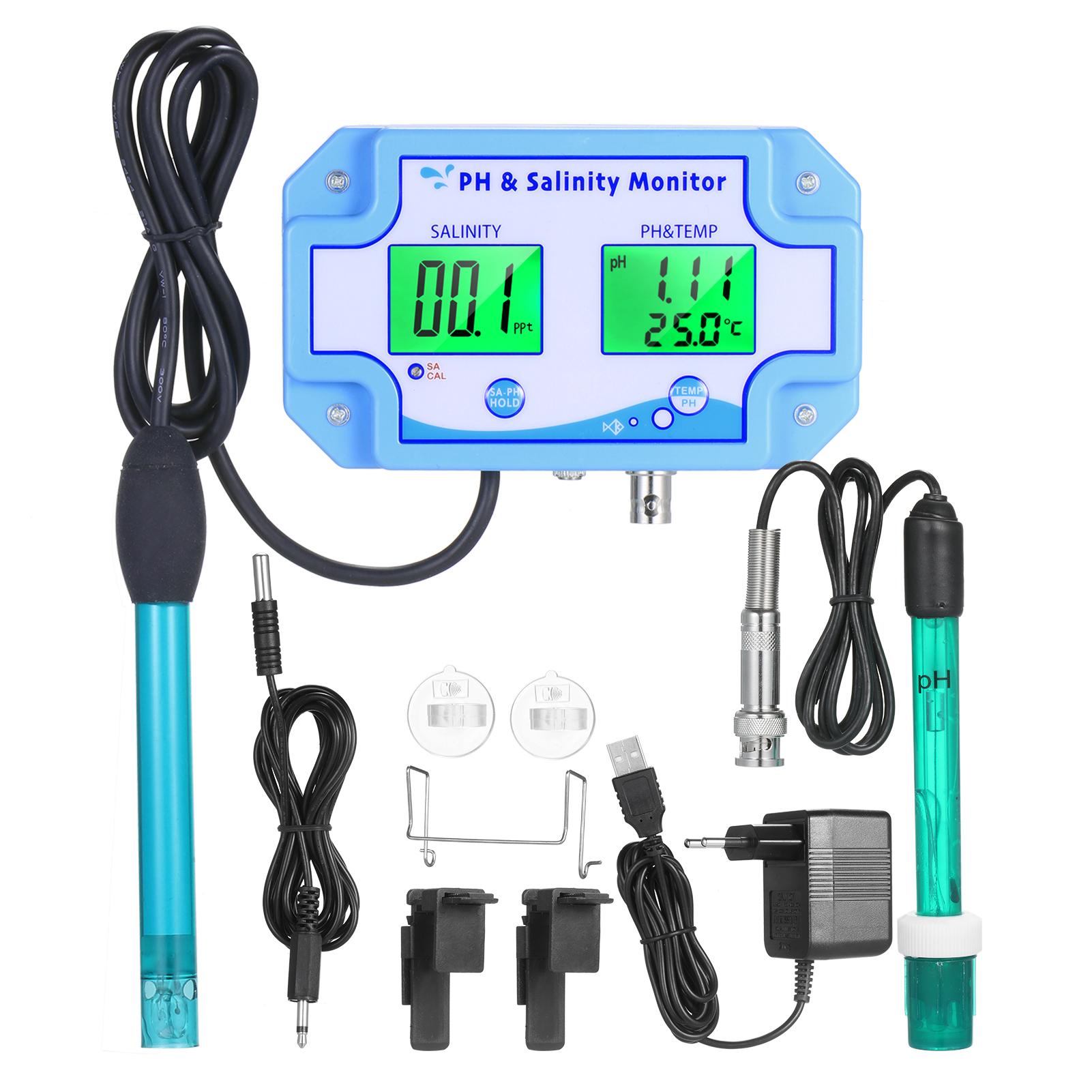 3-in-1 PH/Salinity/TEMP Water Quality Monitor Multi-functional pH & Salinity Monitor Temperature Meter Dual LCD Display
