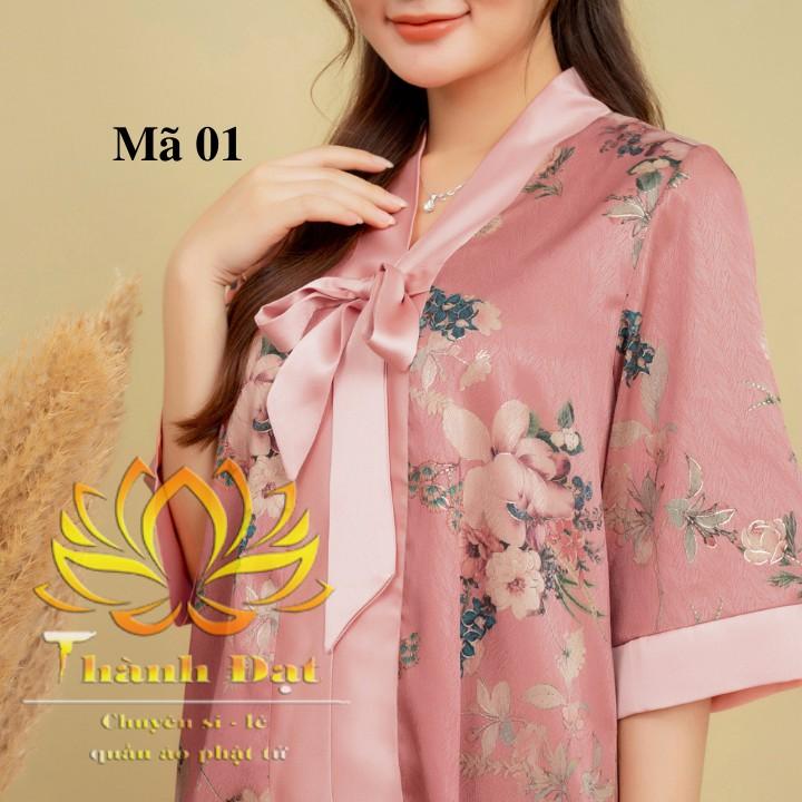 Đồ Lam Đi Chùa Bộ Lụa Nơ Nhũ Chất Lụa Vân Loại 1, Mềm Mịn Cực Đẹp,Thoáng Mát, Dày Dặn Mặc Thoải Mái Khi Đi Lễ Chùa