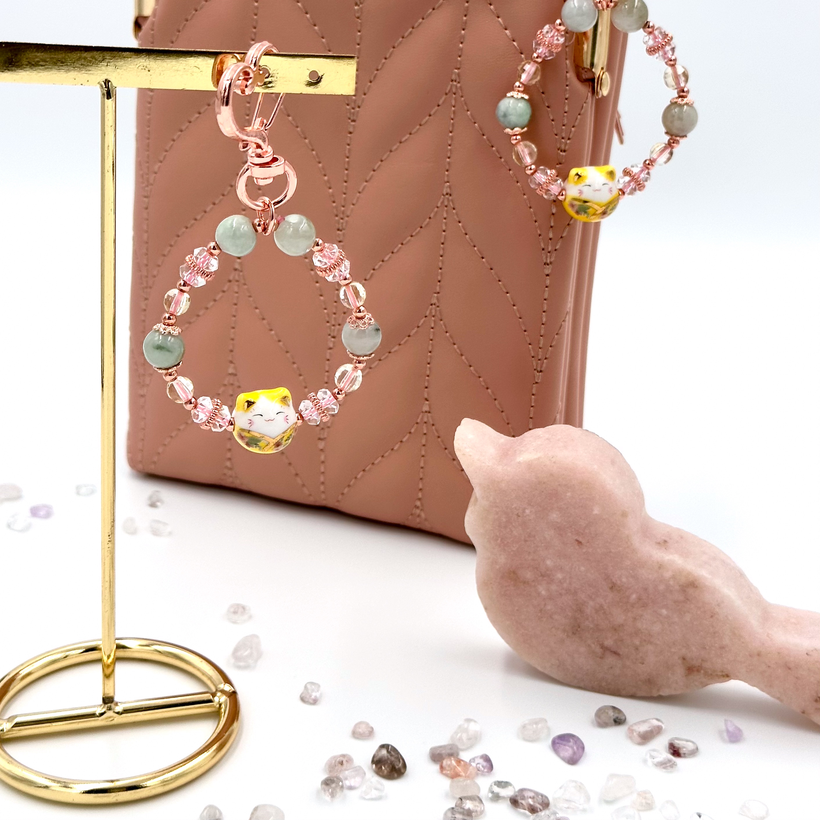 CRZ Bag Charm - Phụ Kiện - Yellow Porcelain Cat With Jadeite and Citrine - Móc Khóa Vòng Tay Đá Ngọc Bích và Thạch Anh Vàng Kèm 1 Charm Hình Mèo Gốm