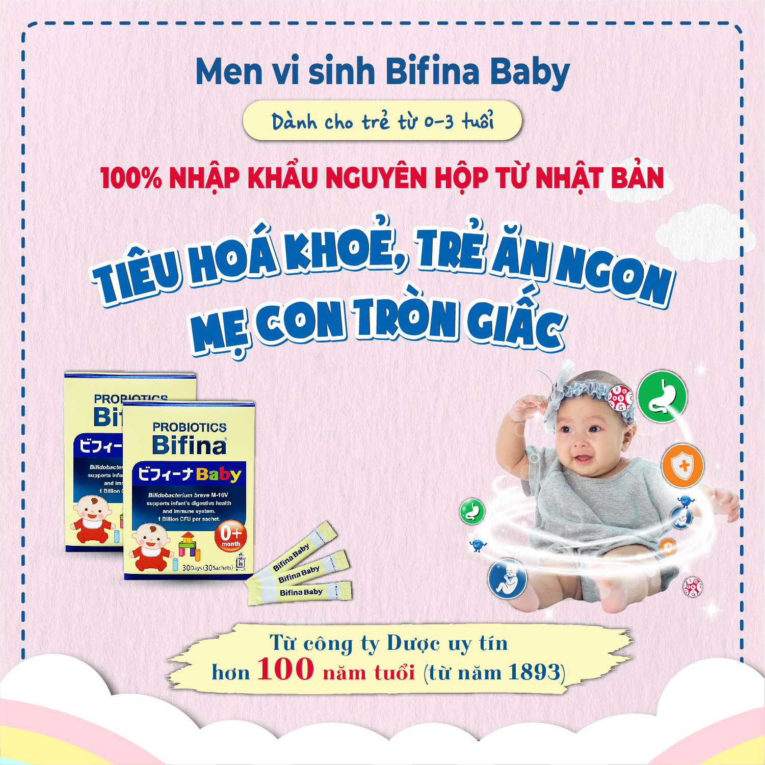 Phòng ngừa biến chứng cho trẻ sinh non và mổ, dùng sữa công thức -Men vi sinh cho bé Bifina Baby Nhật Bản- Hộp 30 gói 