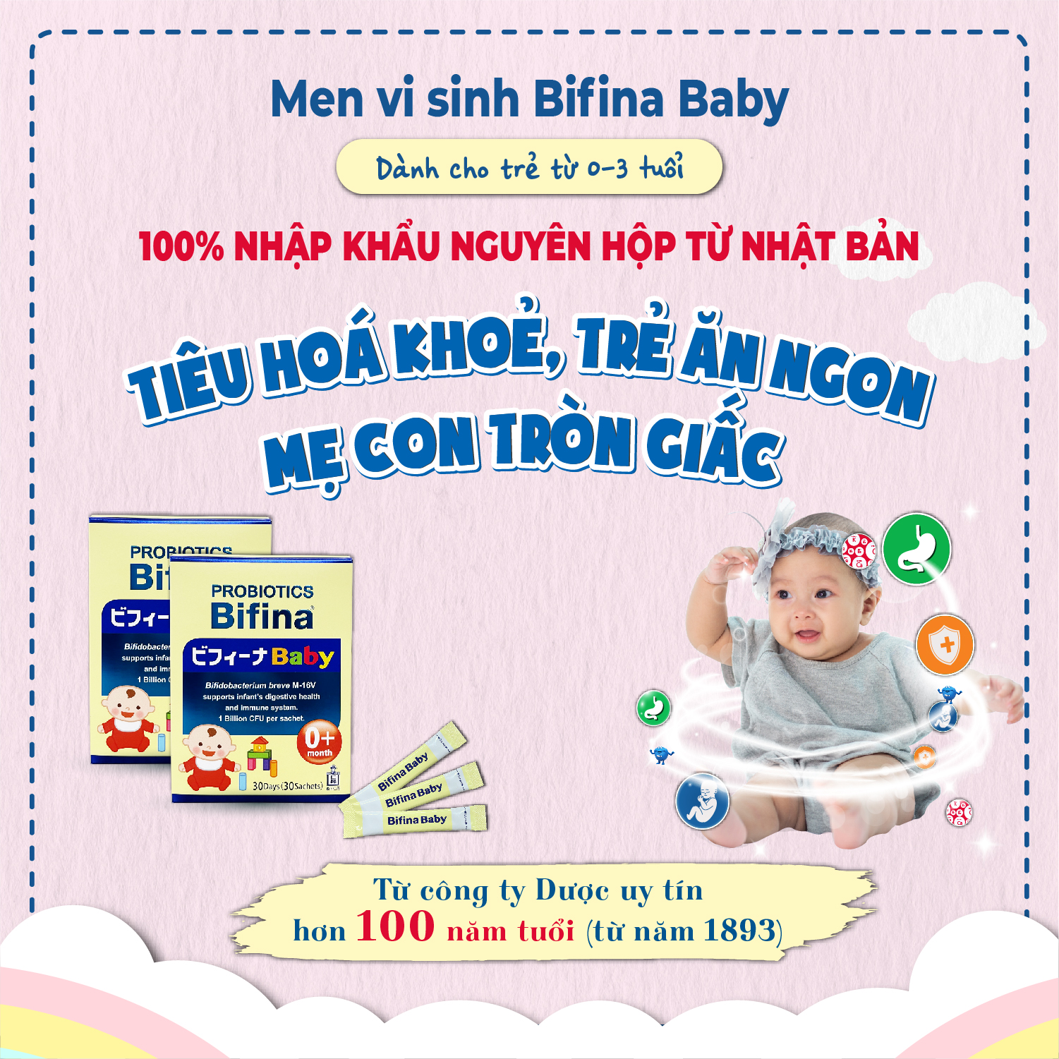 Hỗ trợ bé ăn ngon, tăng đề kháng - Men vi sinh cho bé Bifina Baby Nhật Bản- Hộp 30 gói