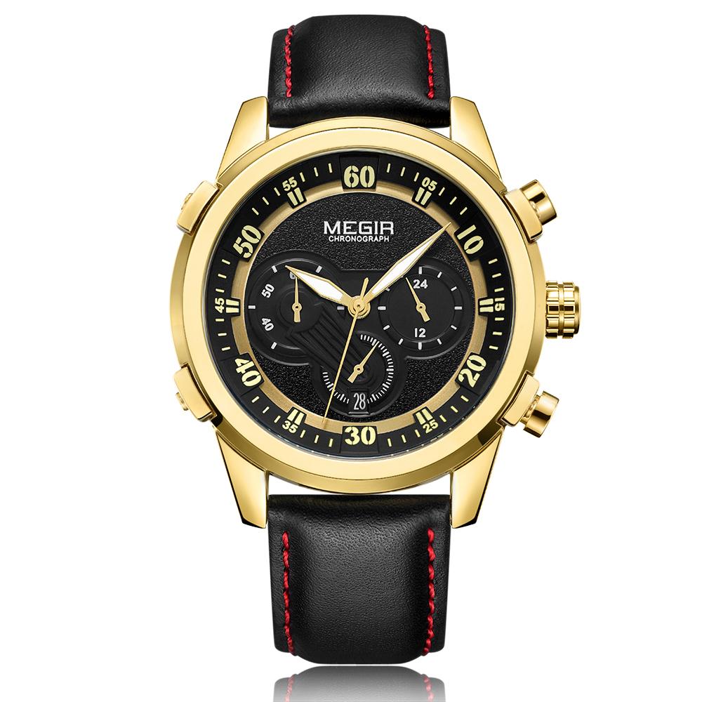 Đồng hồ thể thao nam da thật thời trang MEGIR chịu nước 3ATM Đồng hồ đeo tay thạch anh phát sáng Man Relogio Musculino - Vàng