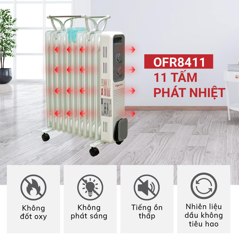 Máy sưởi dầu Nhật Bản Nhập Khẩu không khô da Fujihome 11 thanh, máy lò sưởi ấm điện phòng không đốt oxy tự ngắt không gốm mini heaters - Hàng Chính Hãng