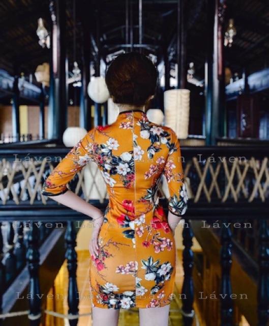 Sườn xám tay lỡ hoạ tiết bông xinh lung linh