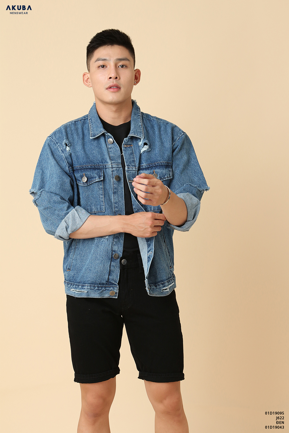 Áo khoác jean nam rách AKUBA form slimfit, chất liệu jean dày dặn 01D19095