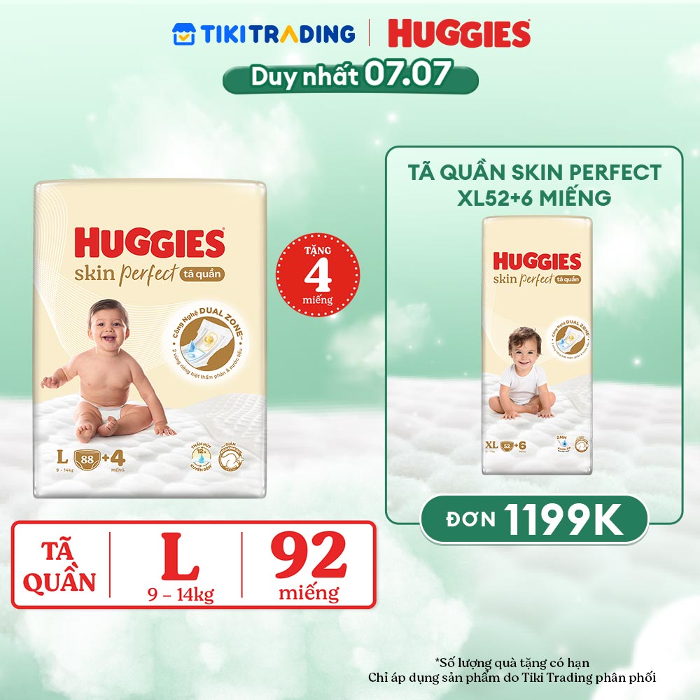 Tã quần Huggies Skin Perfect Mega Jumbo L88+4 miếng với 2 vùng thấm giảm kích ứng da
