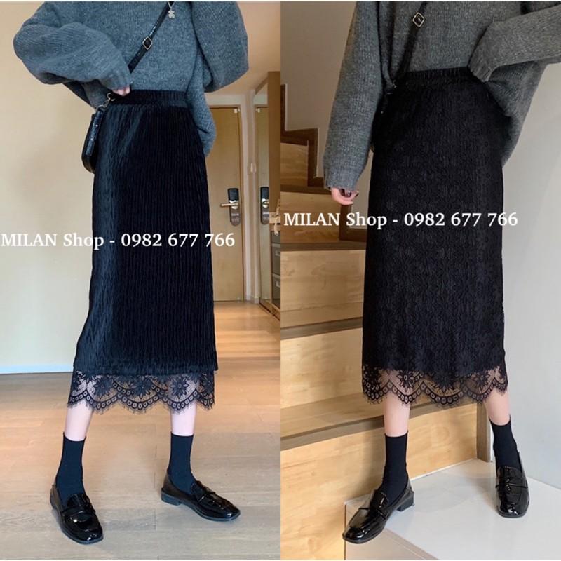 Chân váy nhung phối ren mặc được 2 mặt