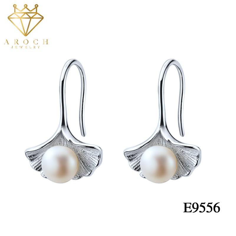 Khuyên tai bạc Ý s925 lá sen gắn Ngọc ngọt ngào E9556 - AROCH Jewelry