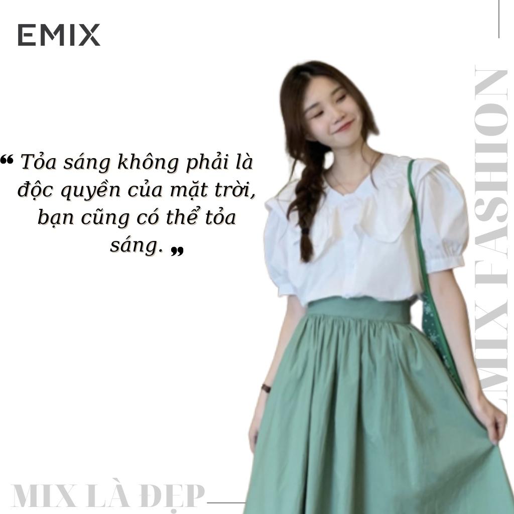 Áo sơ mi nữ họa tiết EMIX (màu trắng), ulzzang, dáng dài, form rộng, cổ V, cộc tay, tay bồng, vải lụa thô, không lộ