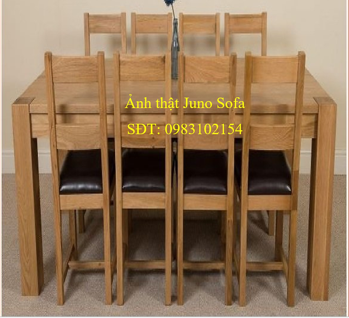 Bộ bàn ăn Rustic Oak bàn 1m8, kèm 8 ghế juno sofa ( Vàng Gỗ Tự Nhiên)