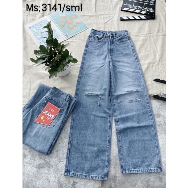 Quần jean ống rộng nữ rách, lưng siêu cao, túi nắp Ms 3141