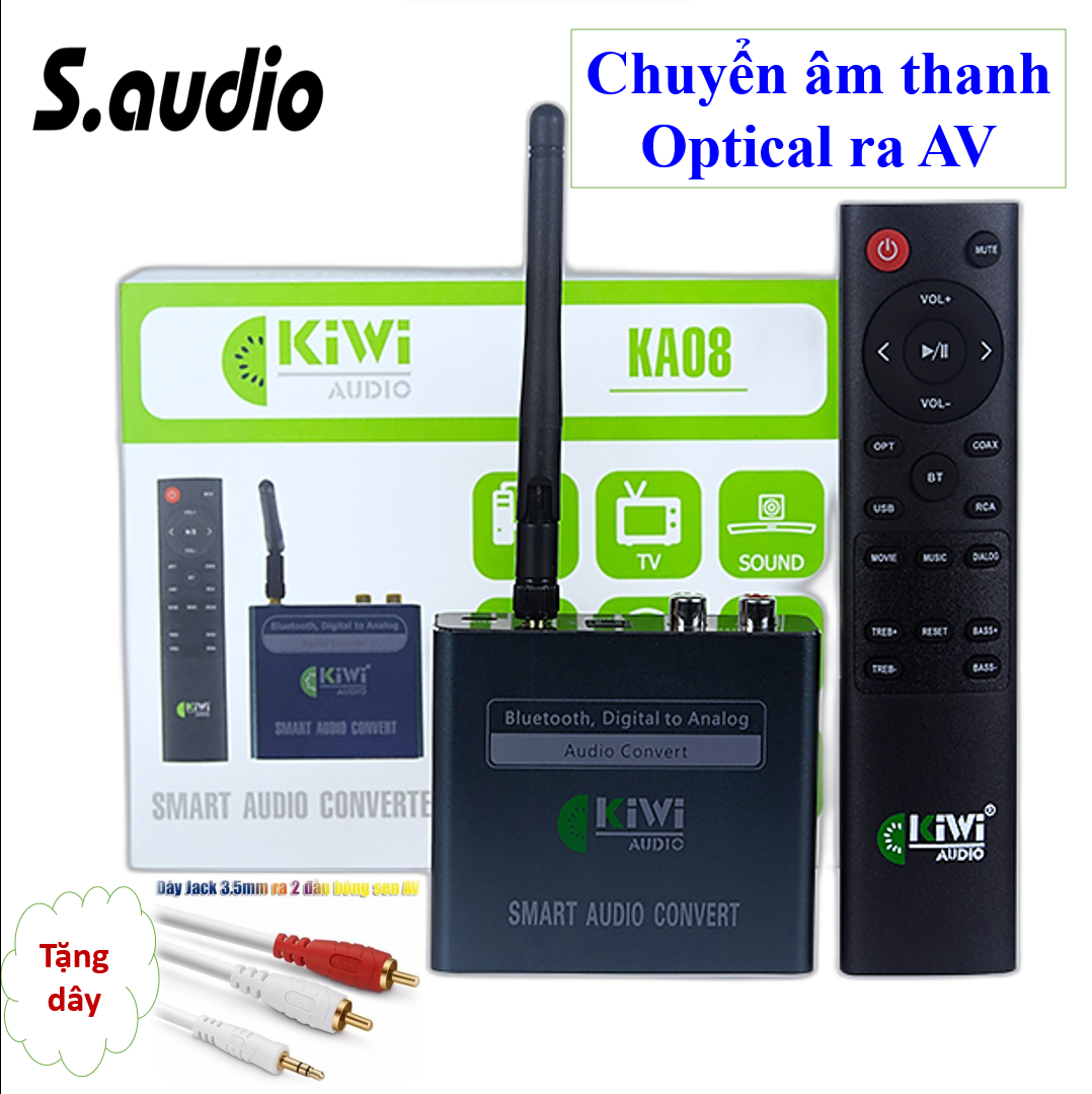 Bộ chuyển quang âm thanh từ Digital sang Analog Kiwi KA08 kèm dây AV jack 3.5 ra 2 đầu hoa sen 1.8m - Hàng Chính Hãng