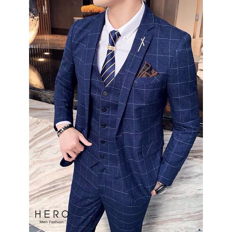 Bộ Vest Nam Cao Cấp Kẻ caro Màu Xanh Dương, Suit Nam Cao Cấp Hàn Quốc Vải Sịn