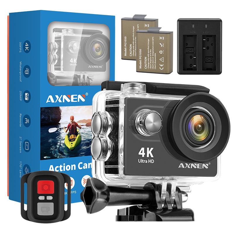 Camera hành động Axnen H9R, 4K 30pfs, 1080p 60pfs quay video thể thao, máy bay xe máy Mũ bảo hiểm xe đạp hành động chống thấm nước cam