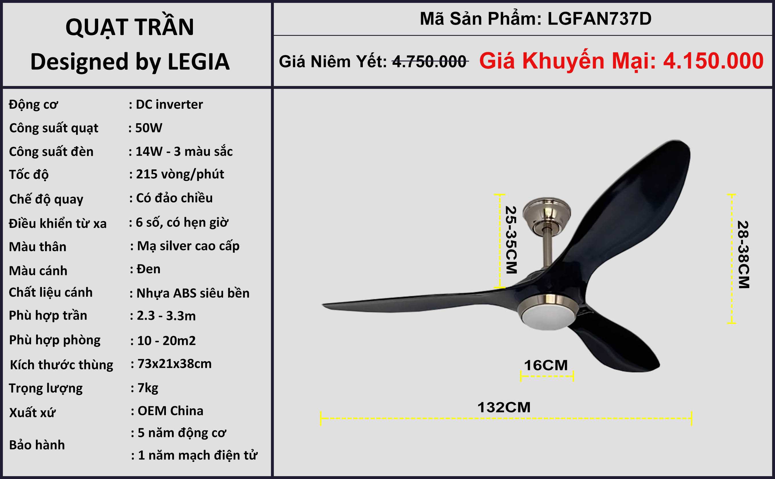 Quạt Trần Đèn 3 Cánh Gió Mạnh LÊ GIA LGFAN737D - Chiều Cao 25cm - Sải Cánh 132cm - Bảo Hành 5 Năm