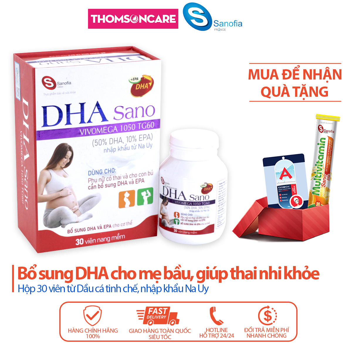 Viên uống DHA cho bà bầu DHA Sano Sanofia France-Bổ sung DHA và EPA giúp mẹ khỏe, thai nhi phát triển tốt - Hộp 30 viên