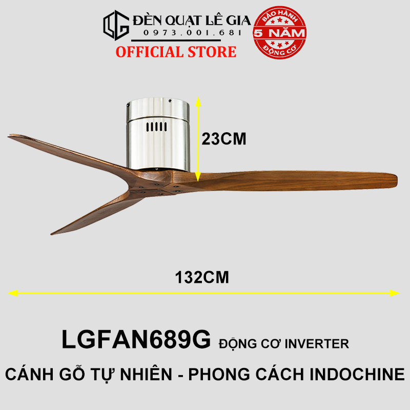 Quạt Trần Gỗ Phong Cách Đông Dương LÊ GIA LGFAN689V - Chiều Cao 23cm - Sải Cánh 132cm - Bảo Hành 5 Năm