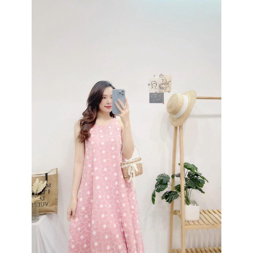 Đầm dáng suông form rộng màu hồng vải kate thêu hoa Cao Cấp hàng loại 1 vải đẹp, sát nách cổ tròn - MiNhi Fashion