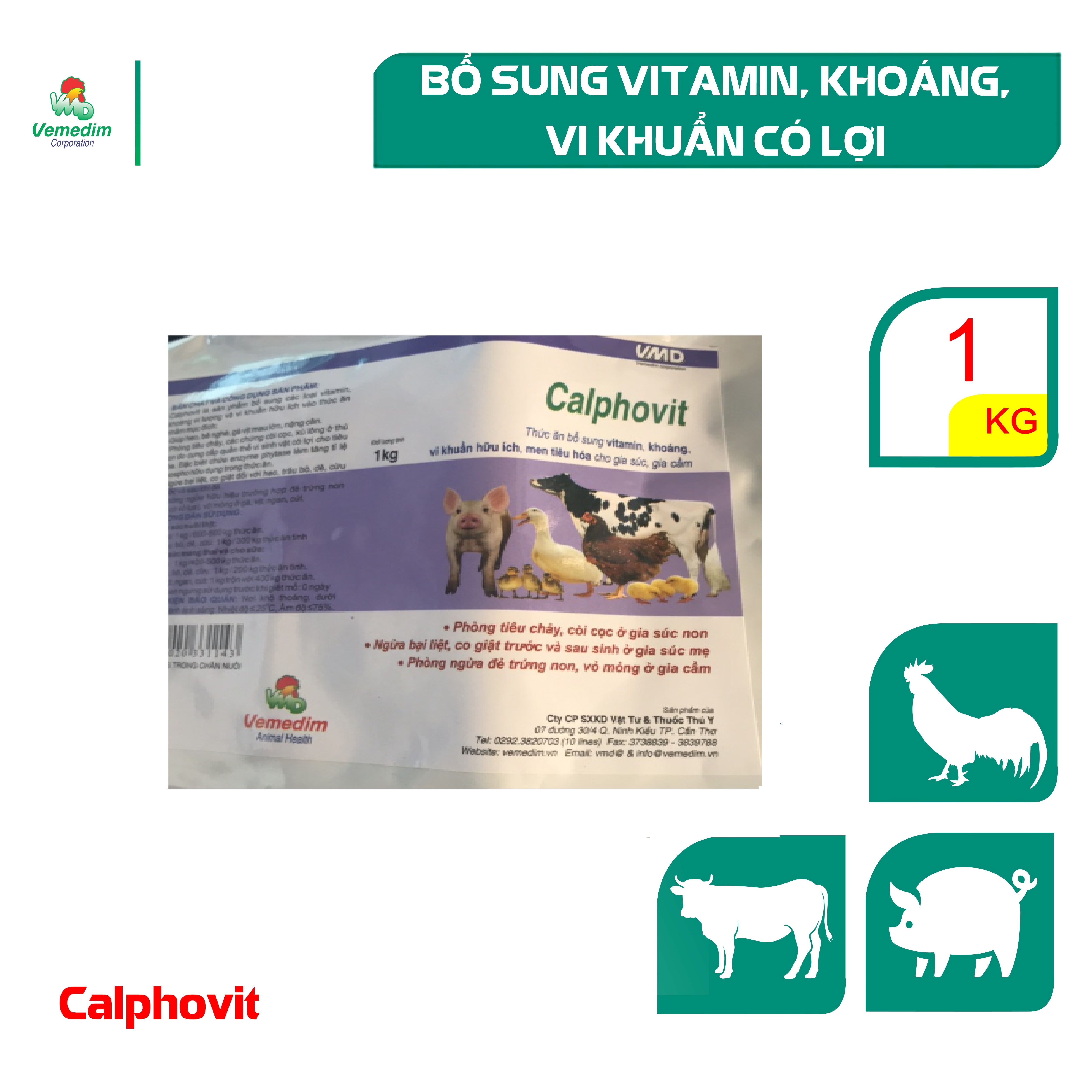 Calphovit-Bổ sung vitamin, khoáng, vi khuẩn hữu ích, men tiêu hóa cho gia súc, gia cầm, gói 1kg, sản phẩm Vemedim