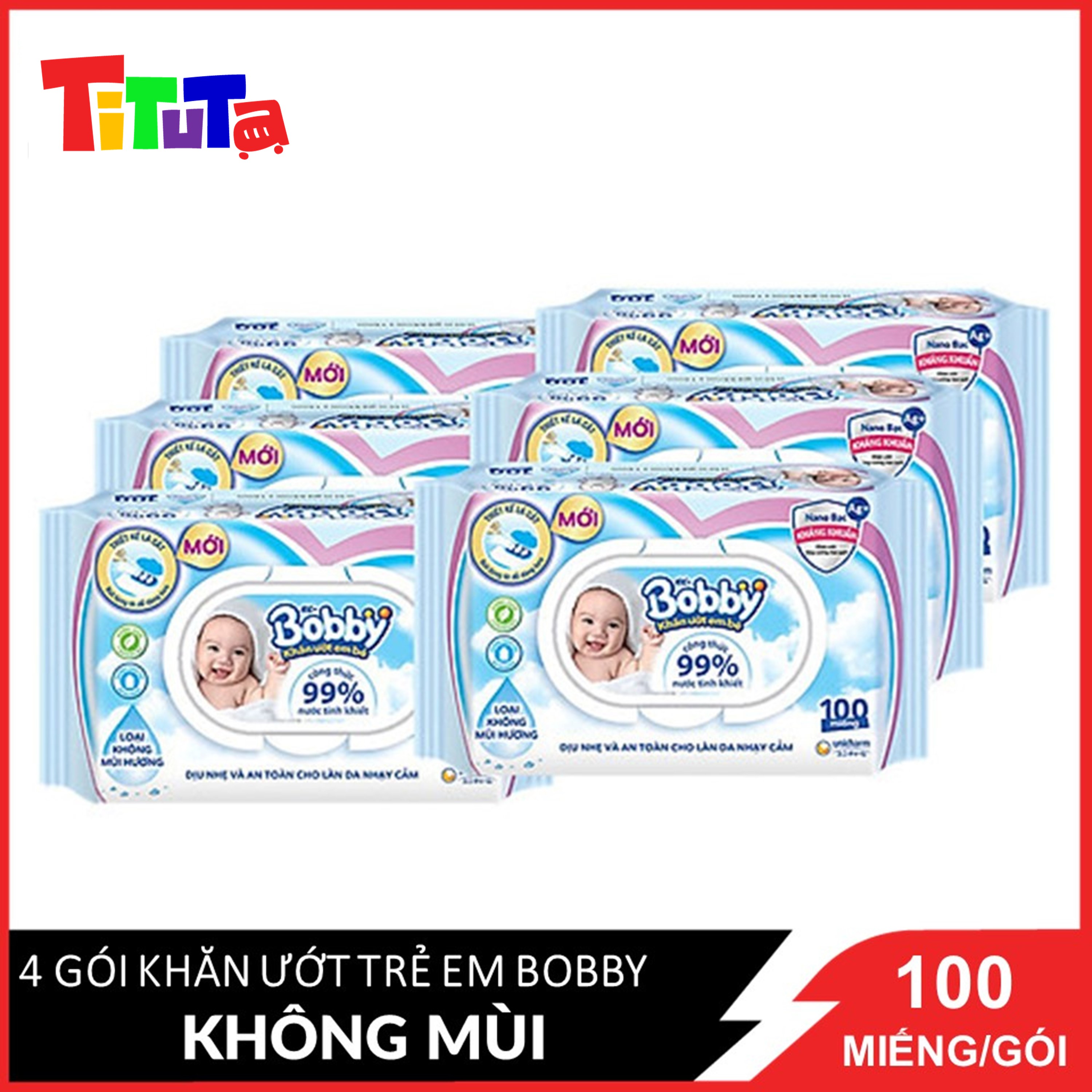 Combo Tiết Kiệm: 6 Gói Khăn Ướt Bobby Care Không Hương 100 Miếng/Gói