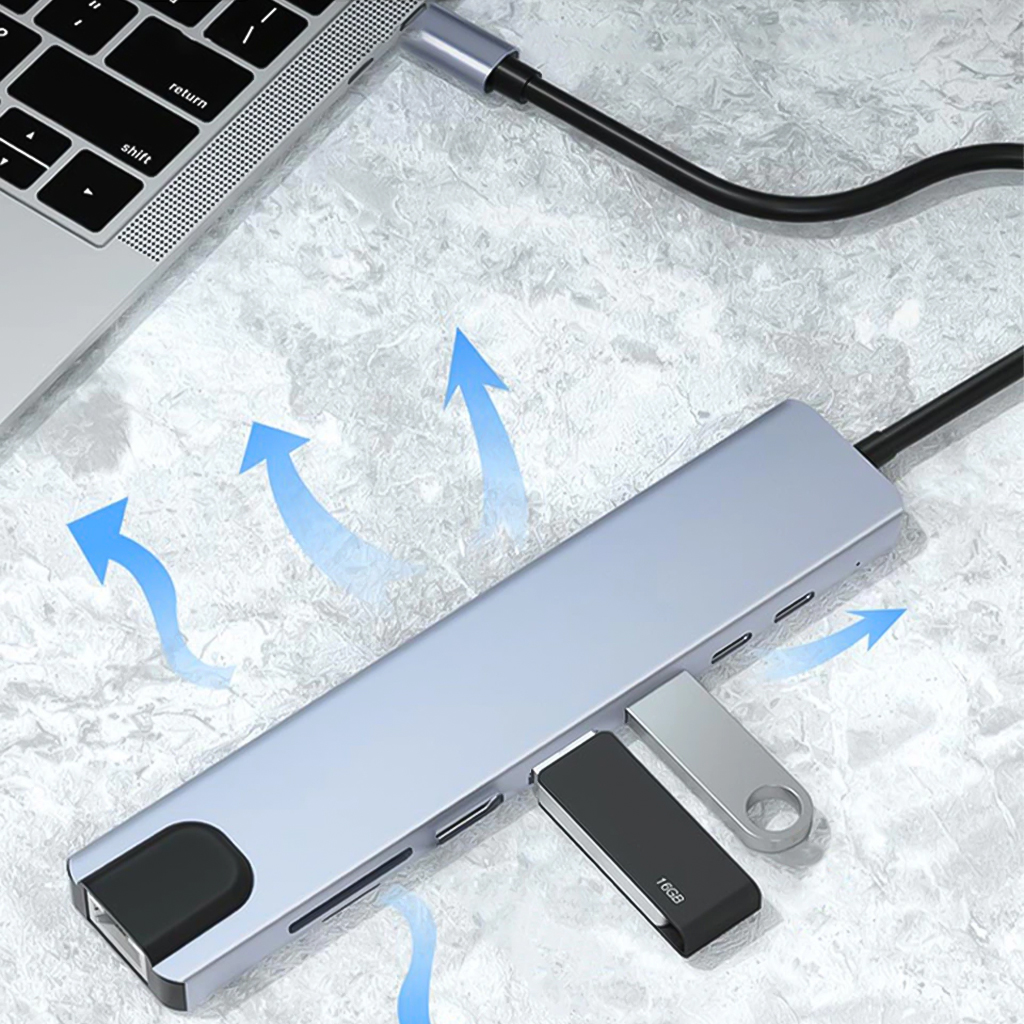 Vinetteam Hub USB TYPE-C 8 Cổng HDMI 4K 60Hz/ USB 3.0/ TF/ SD/ RJ45 100Mbps Dành Cho Macbook, PC Và Devices - Hàng Chính Hãng