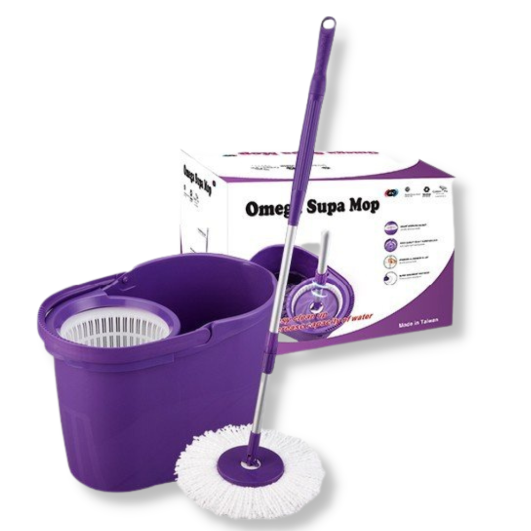 BỘ LAU NHÀ 360 ĐỘ OMEGA SUPA MOP NHẬP KHẨU ĐÀI LOAN 1 THÂN CÂY + 2 BÔNG LAU + 1 THÙNG LAU) (QUÀ TẶNG)