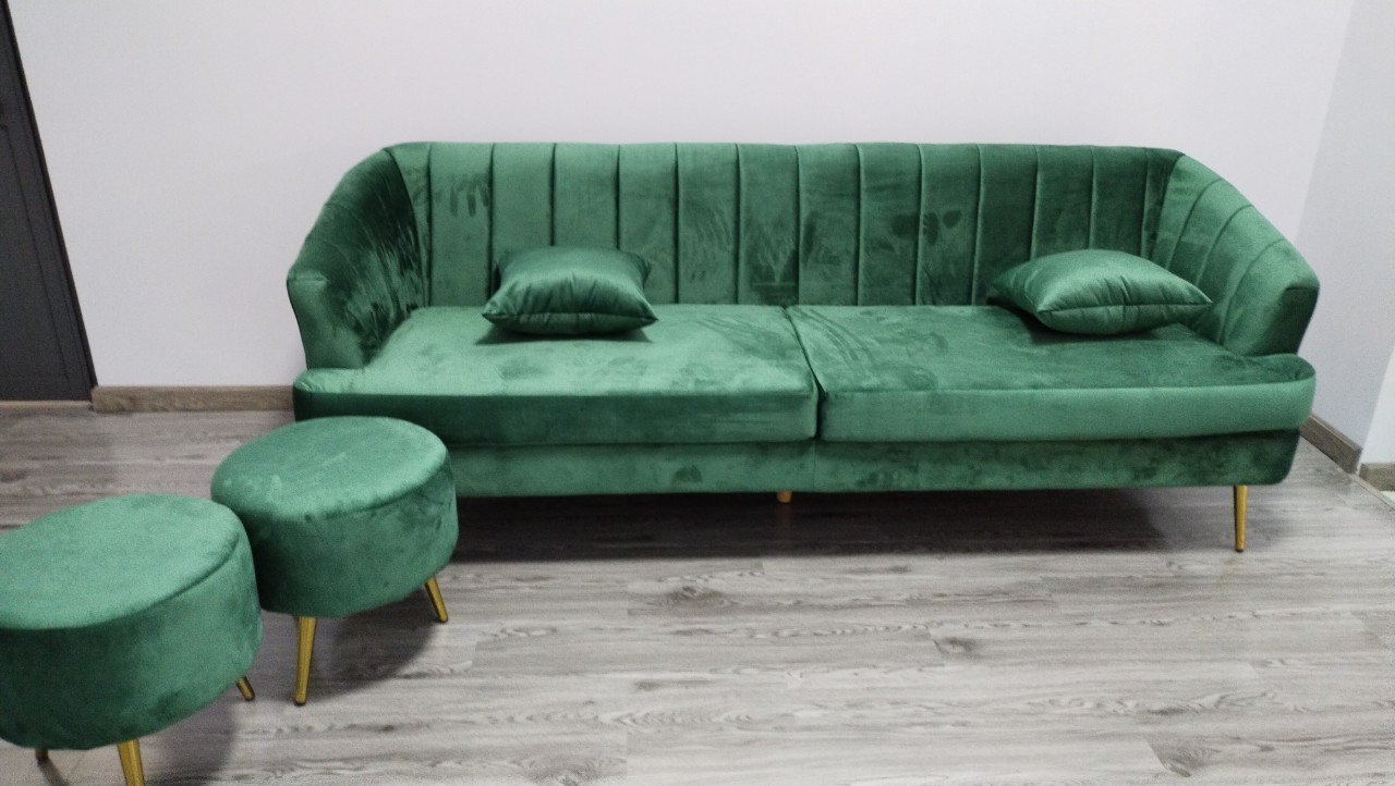 Bộ sofa băng dài Juno Sofa 2m2 và 2 đôn tròn cùng màu