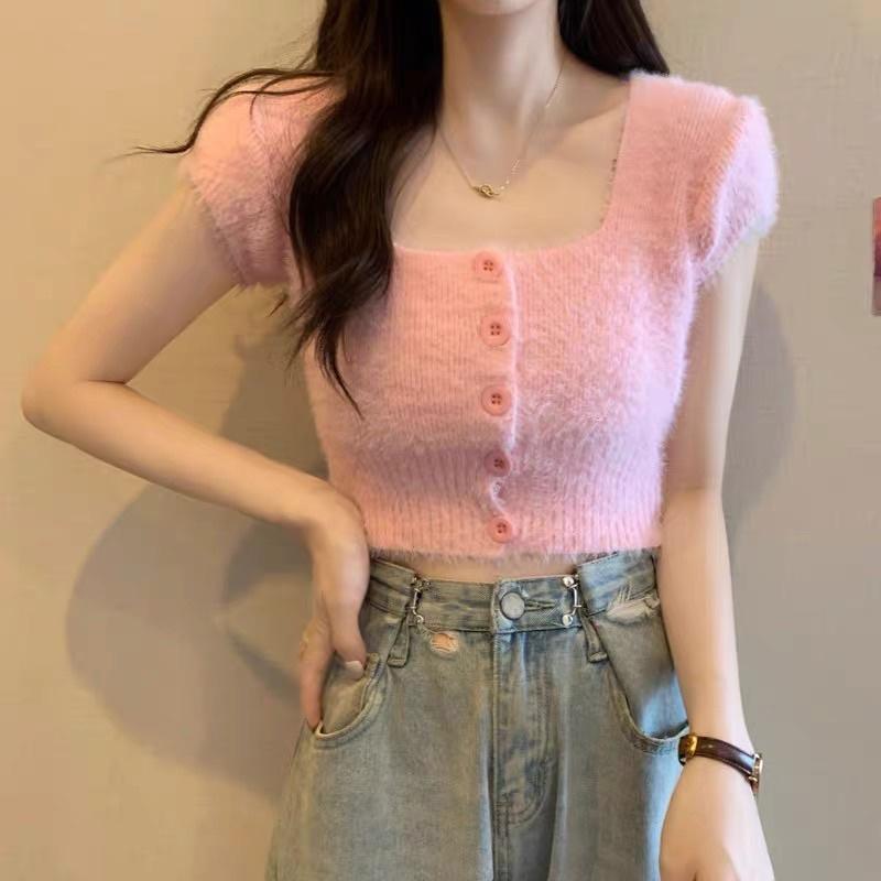 Áo len cổ vuông ngắn tay chất len lông thỏ, Áo cardigan len croptop hàng Quảng Châu