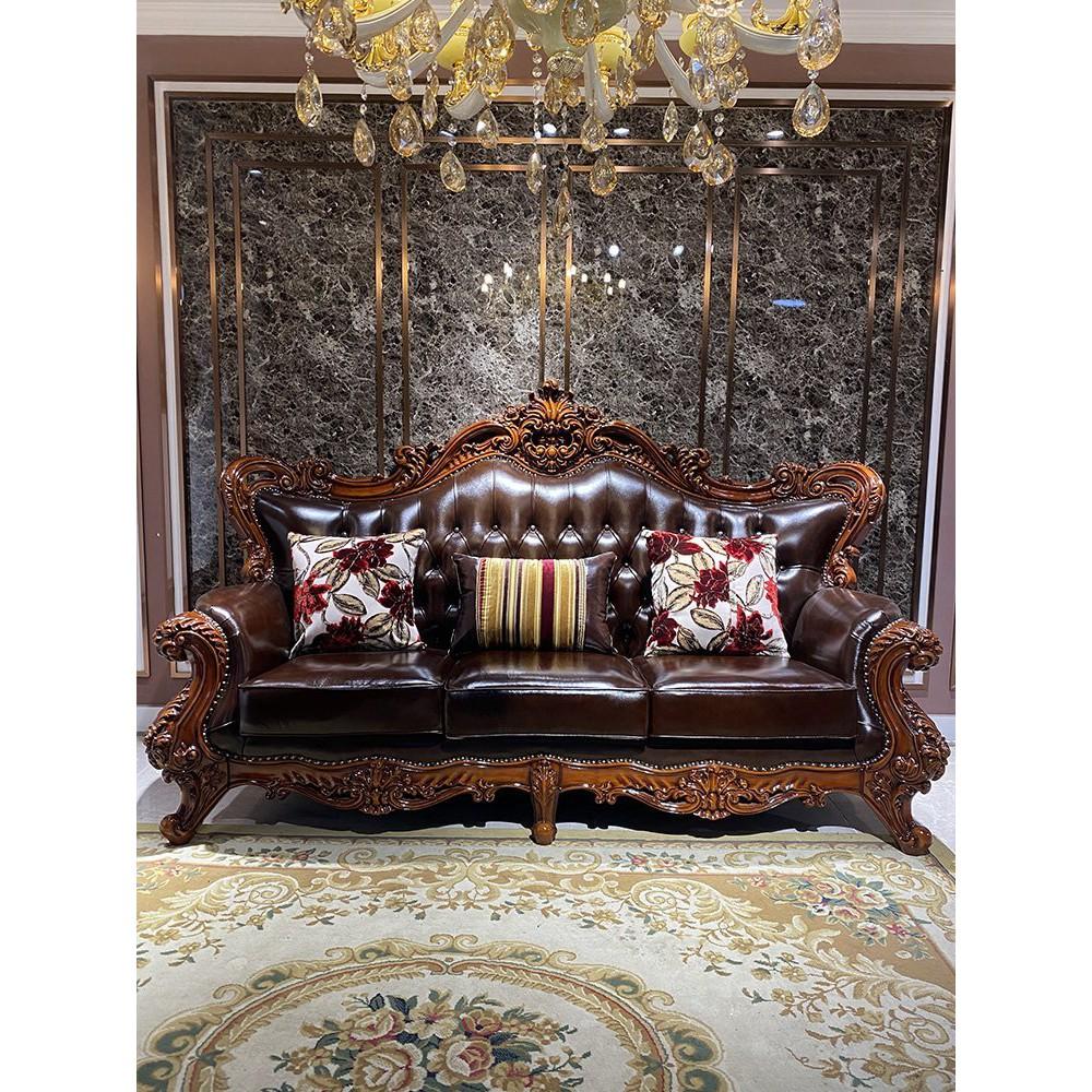 Sofa chạm khắc tinh xảo sơn 7 lớp phủ bóng công nghệ cao chống mối mọt và da bò Italya nguyên miếng SOFA-2062-NAU