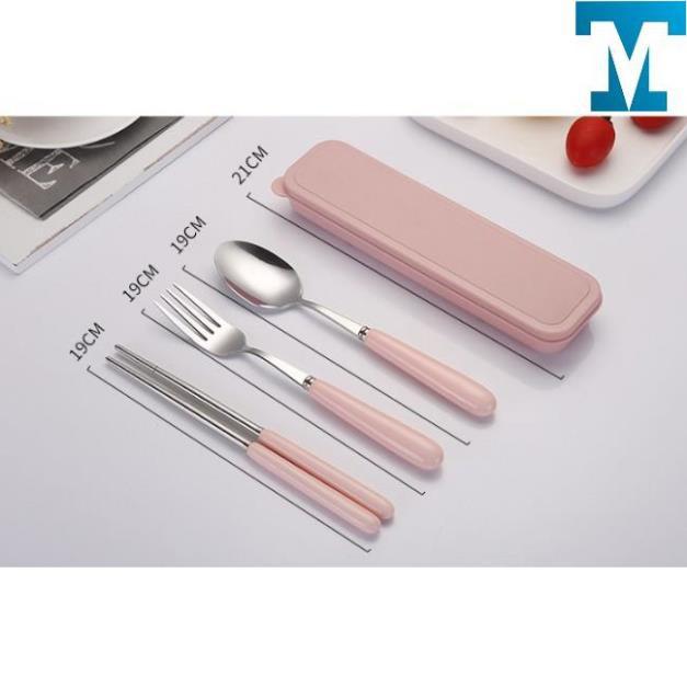 Bộ Thìa Đũa Dĩa Inox Cán Gỗ Sồi Kèm Hộp
