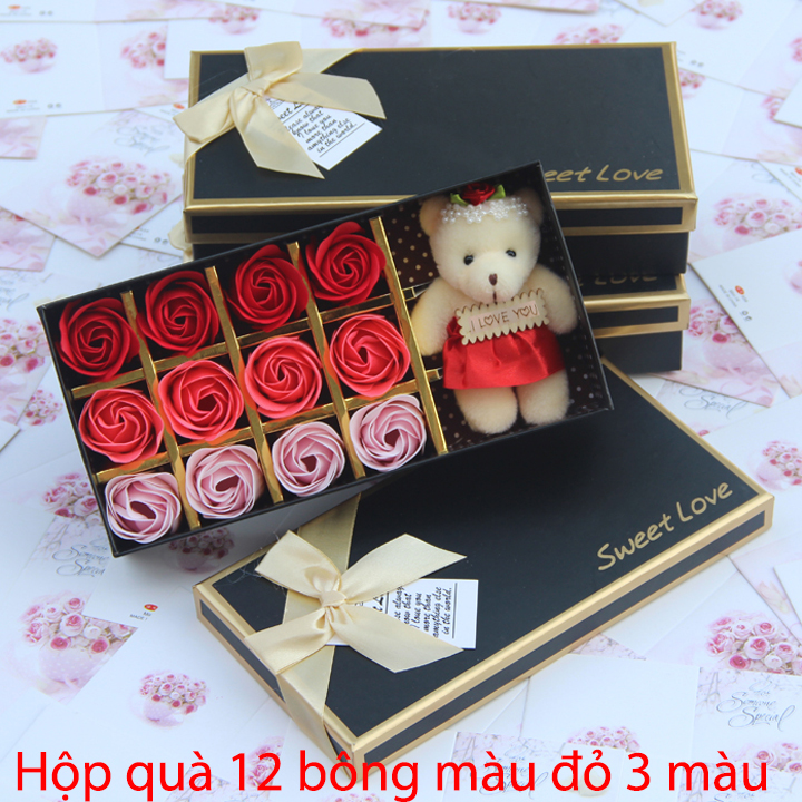 Hộp quà hoa hồng sáp 12 bông Sweet love kèm gấu - Quà tặng cho mẹ - Quà 8/3 cho bạn gái - Quà tặng 20/10