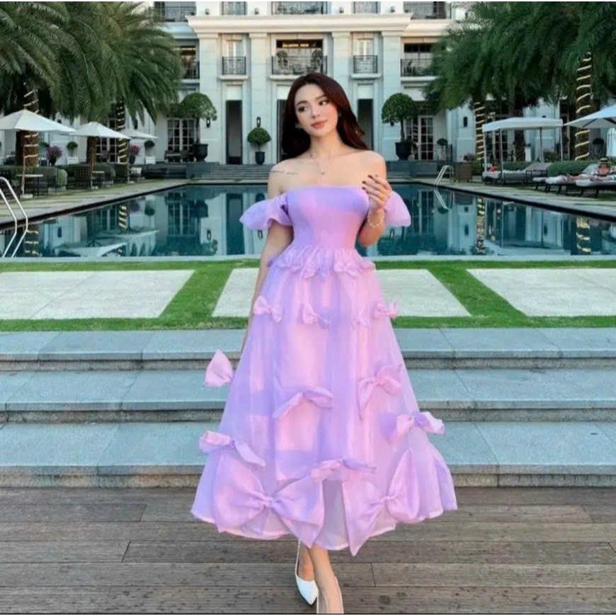 Váy đầm nữ maxi tơ lụa dáng xòe tay bồng phối nơ xinh xắn