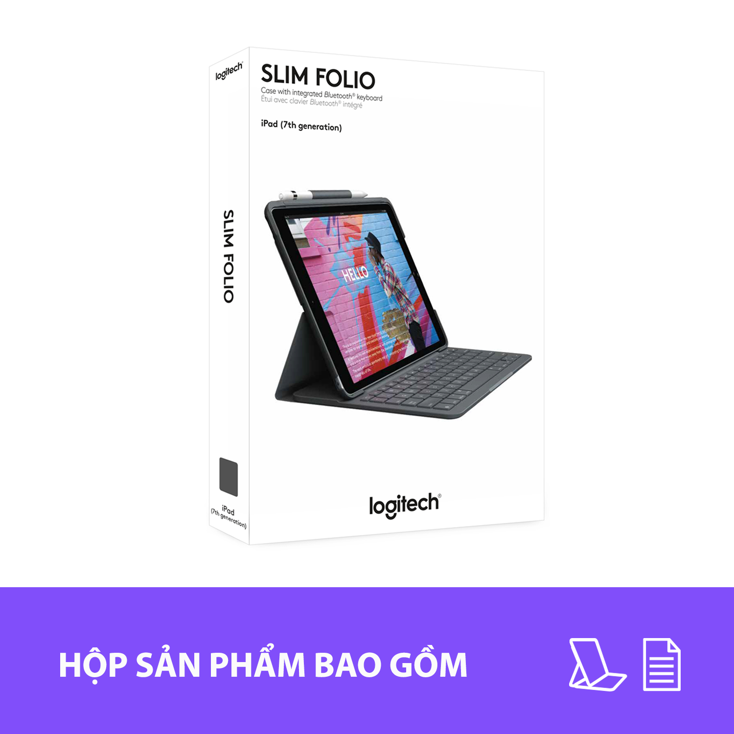 Bao da kèm bàn phím Logitech Slim Folio kết nối bluetooth dành cho iPad Gen7, Gen 8, Gen 9 - Pin đến 4 năm - Màu Đen - Hàng chính hãng