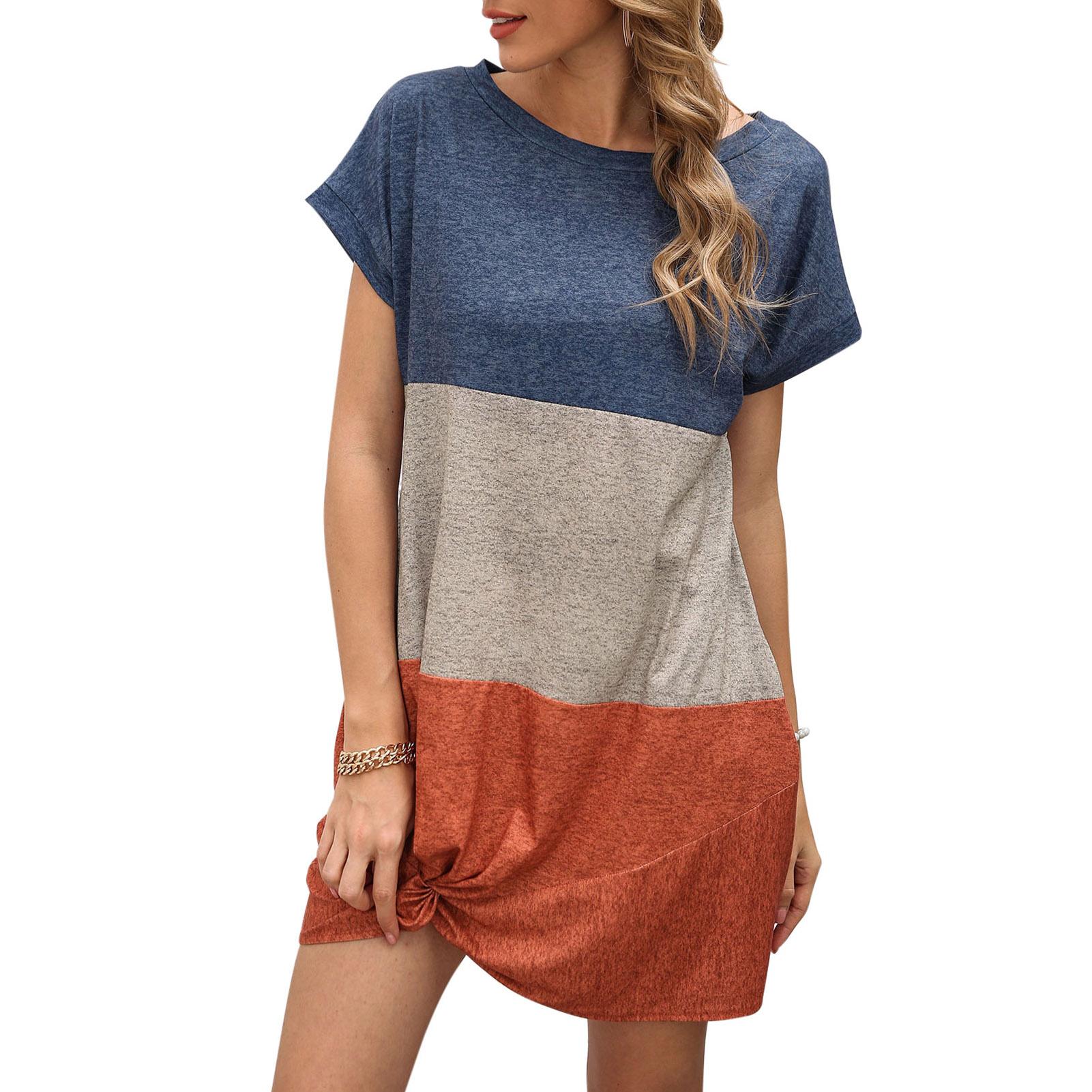 Women Dress Splicing Mini Dress with Pockets Twist-Hem Loose A-Line Short Sleeve O-Neck Gown Casual Summer Spring
