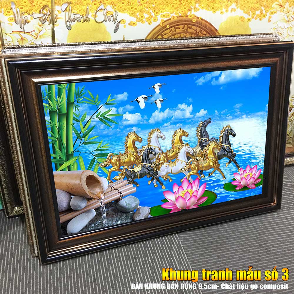 Tranh treo tường phòng khách, phòng ngủ MÃ ĐÁO THÀNH CÔNG khung gỗ composit chất liệu pvc gương / lụa kim sa. MS:1495L9